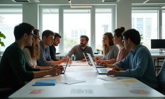 Team of designers and engineers collaborating in modern workspace